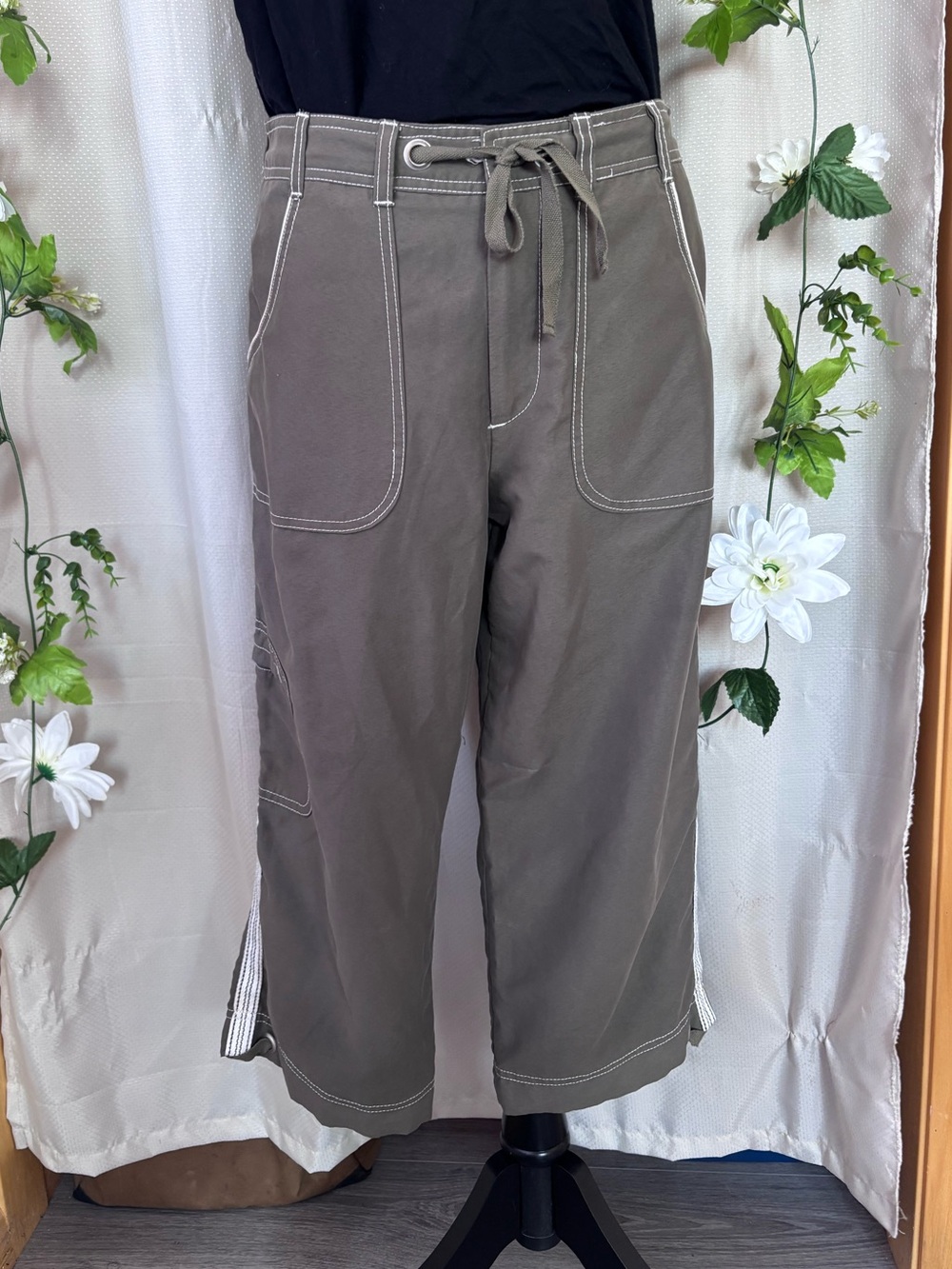N.W.D- Casual Drawstring Utility Cargo Ankle Length Pants - Green Taupe- Small